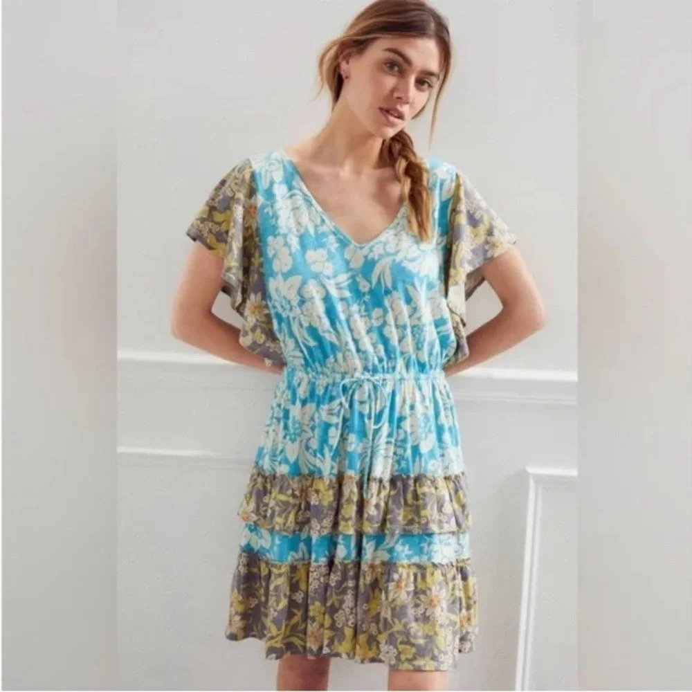 Anthropologie Turquoise Floral Daily Practice Tiered Ruffle Mini Dress Floral